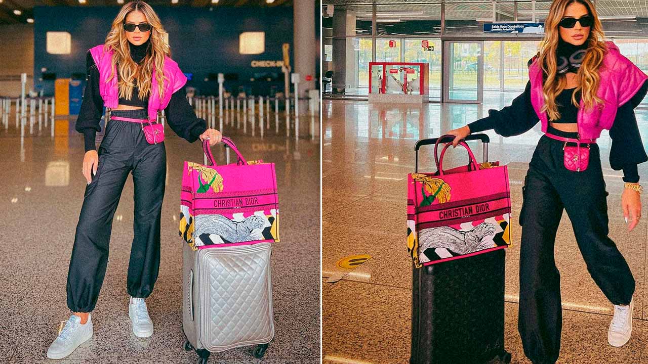 Montagem com duas imagens de influenciadora usando a bolsa sacola Dior Book Tote.