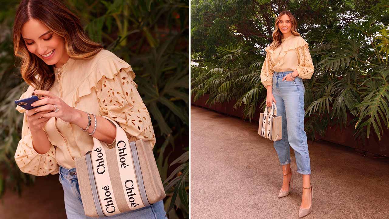 Montagem com duas fotos de mulher usando bolsa da Chloé.