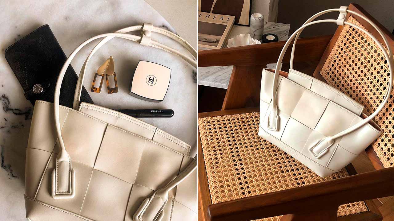 Montagem com duas fotos de bolsas sacolas da Bottega Veneta,.