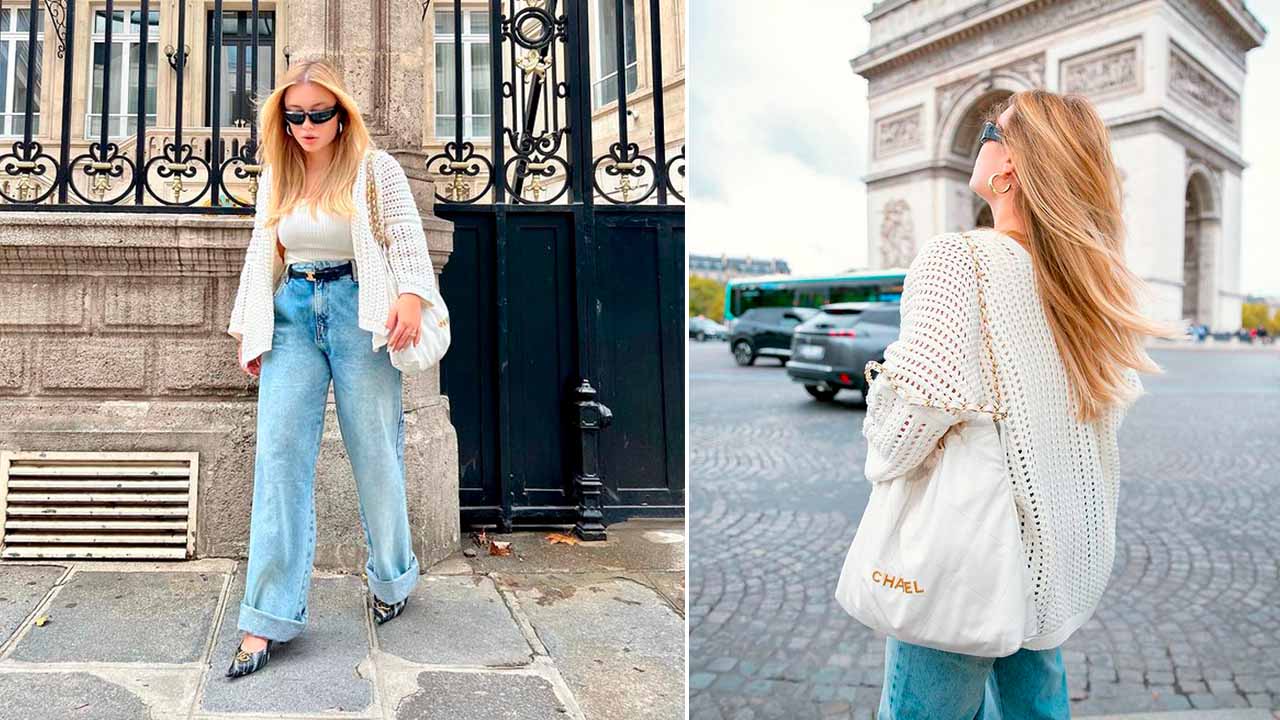 Montagem com duas fotos de mulher usando Bolsa Chanel 22 branca.