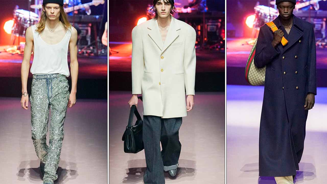 Montagem com 3 fotos de looks do desfile da Gucci sem a direção de Michele.