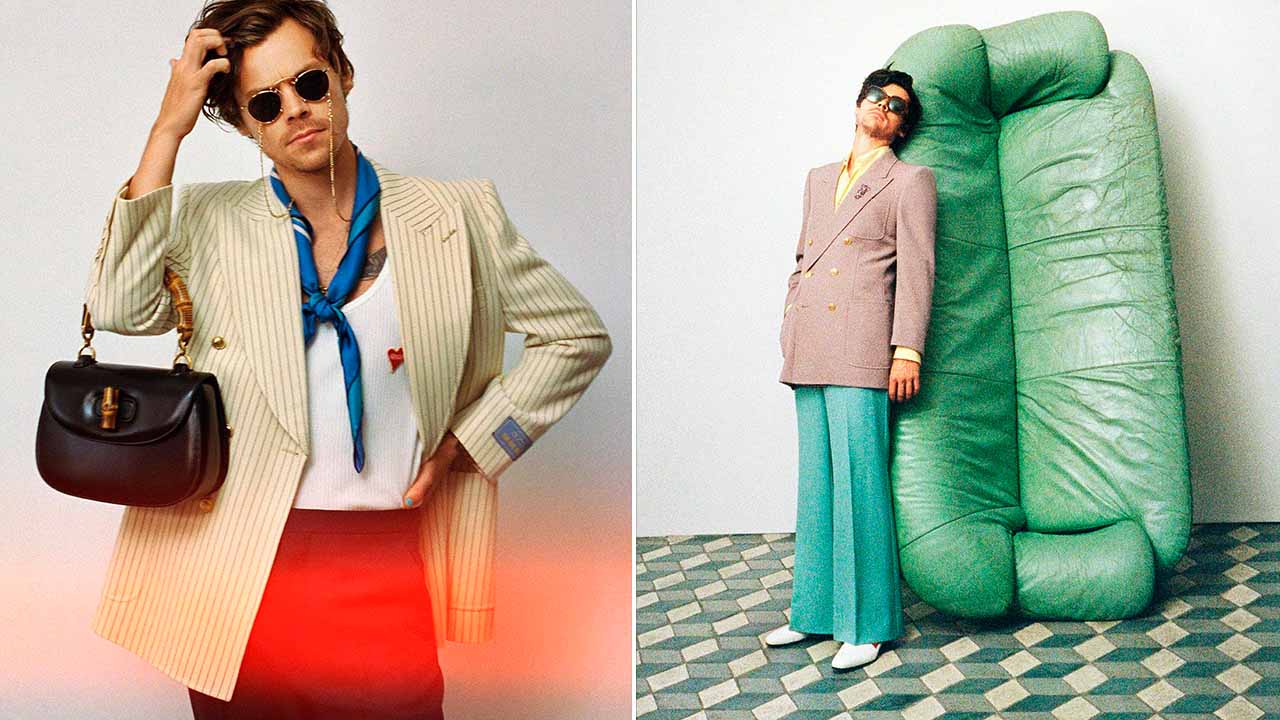 Montagem com duas fotos de Harry Styles um dos embaixadores da Gucci.