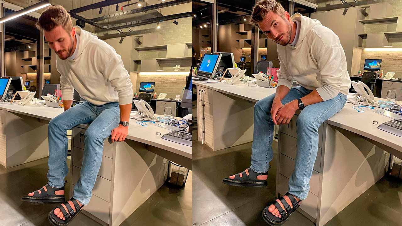 Montagem com duas fotos de homem usando papete com calça jeans e moletom