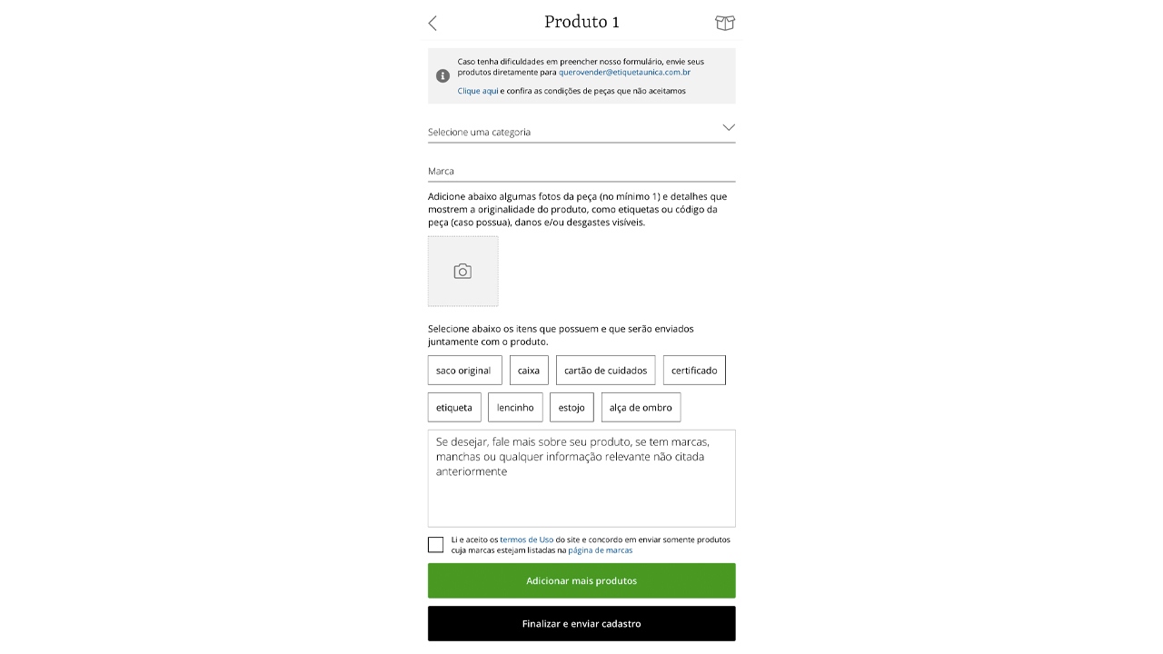 página de cadastrar produto no app do eú