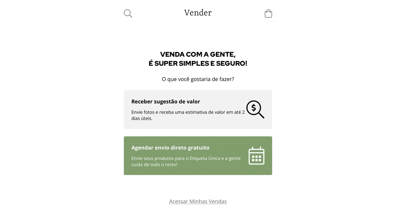 pagina de escolha de como vender no app do eú