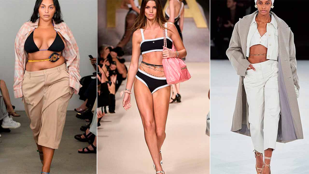 Montagem com três fotos de mulheres usando body chain.