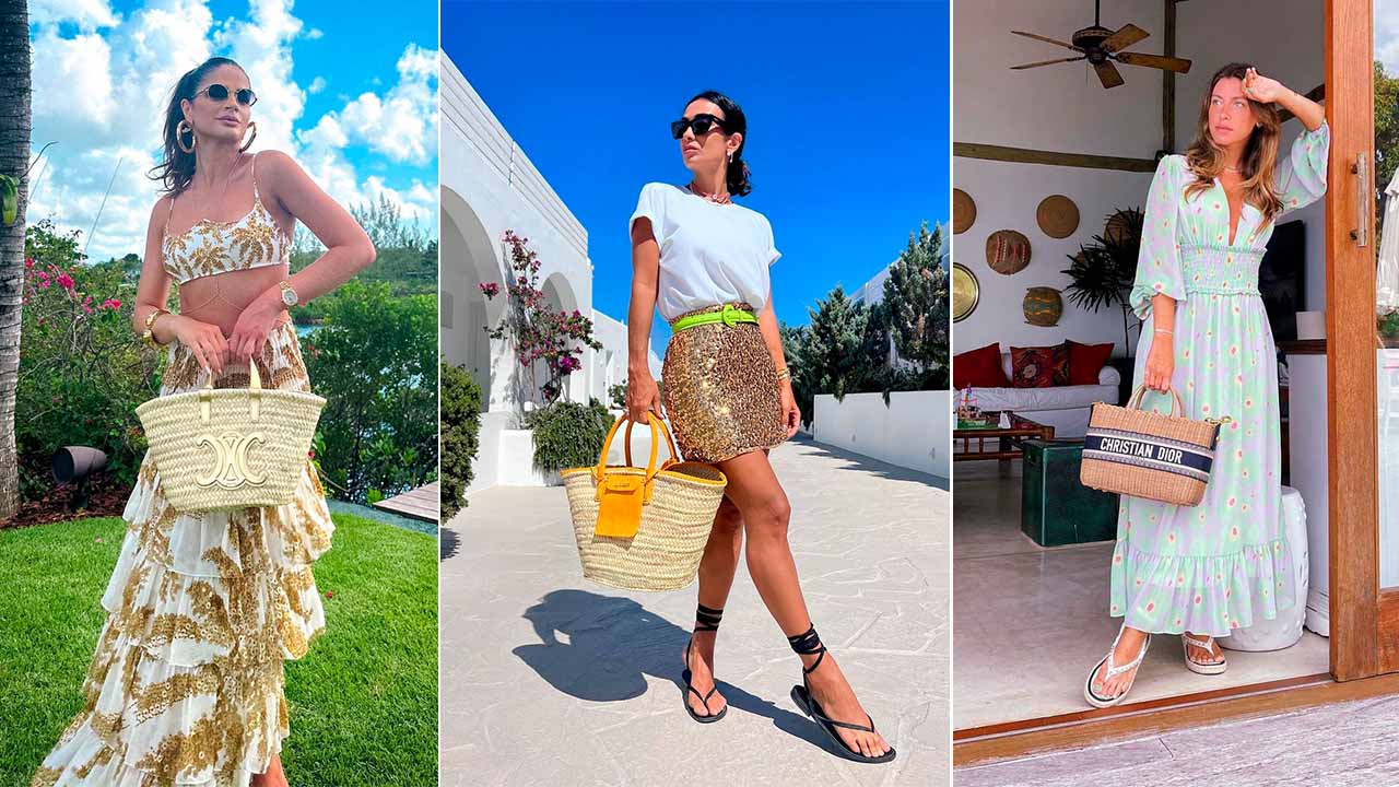 Montagem com três fotos de mulheres usando bolsas de palha.