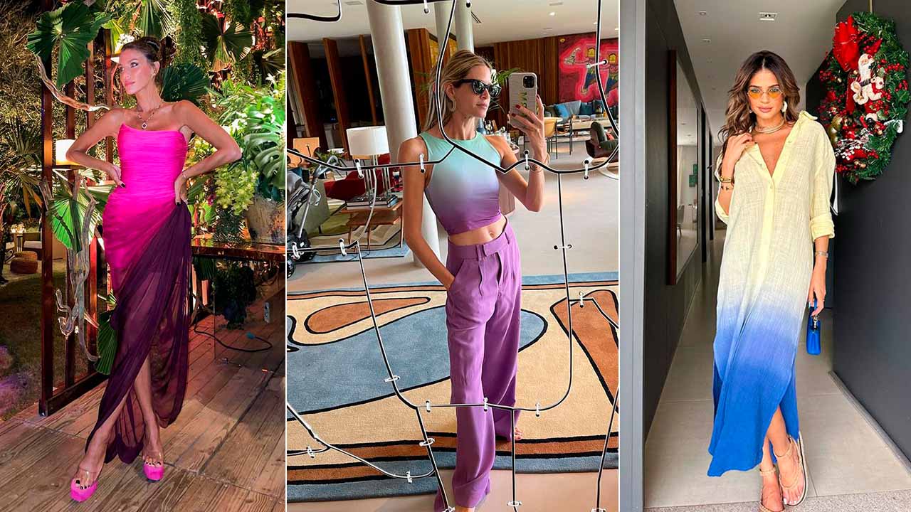 Montagem com três fotos de mulheres usando peças com estampa degradê.