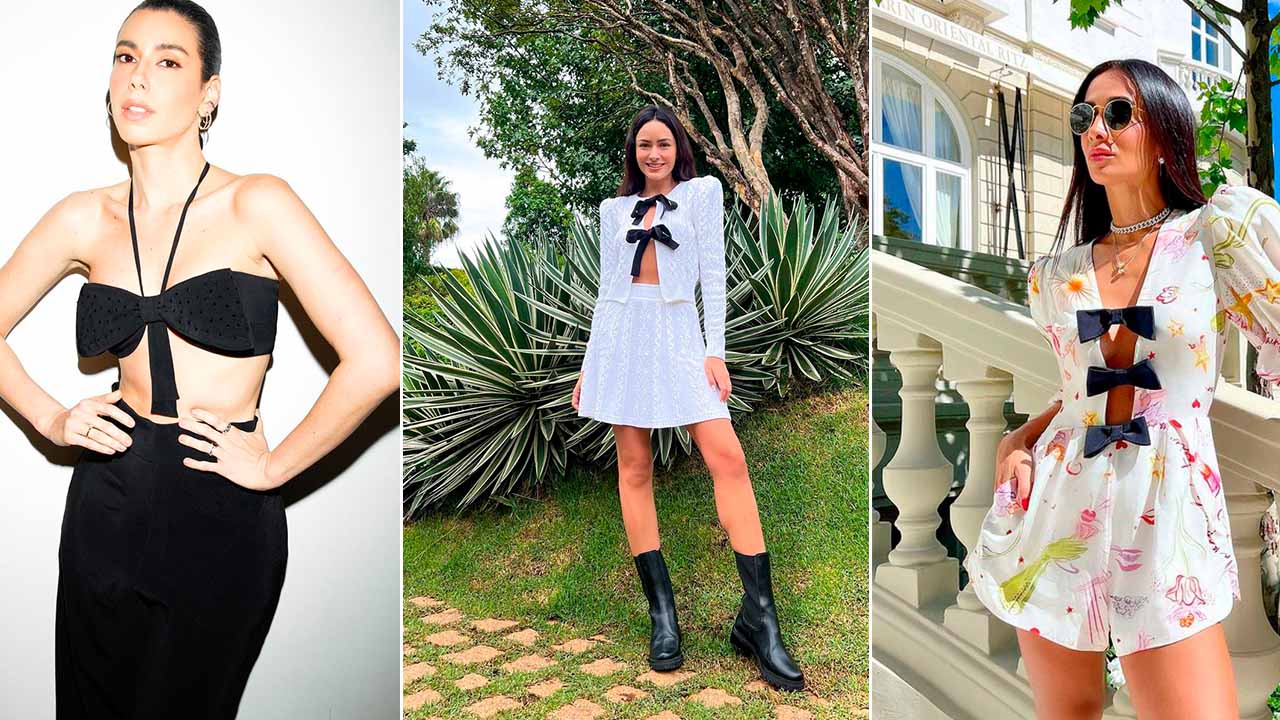 Montagem com três fotos de mulheres usando peças com laços.