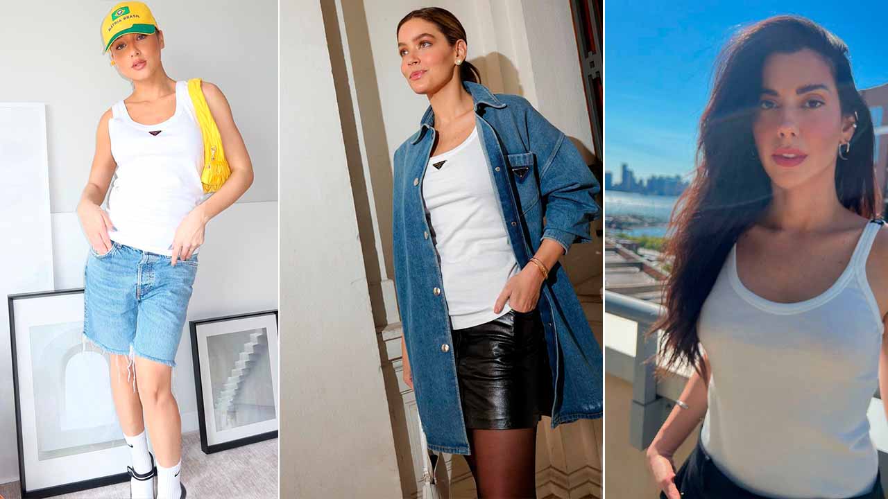 Montagem com três mulheres usando regata branca.