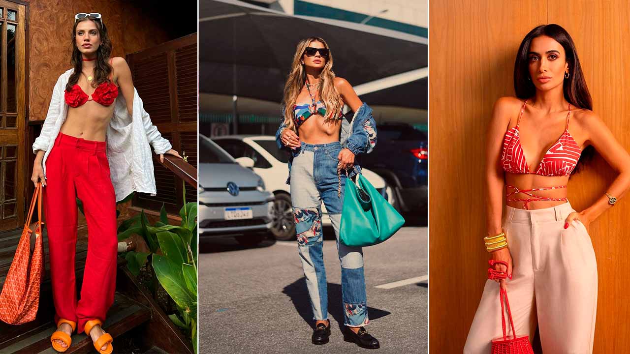 Montagem com três fotos de mulheres usando tops de biquínis.