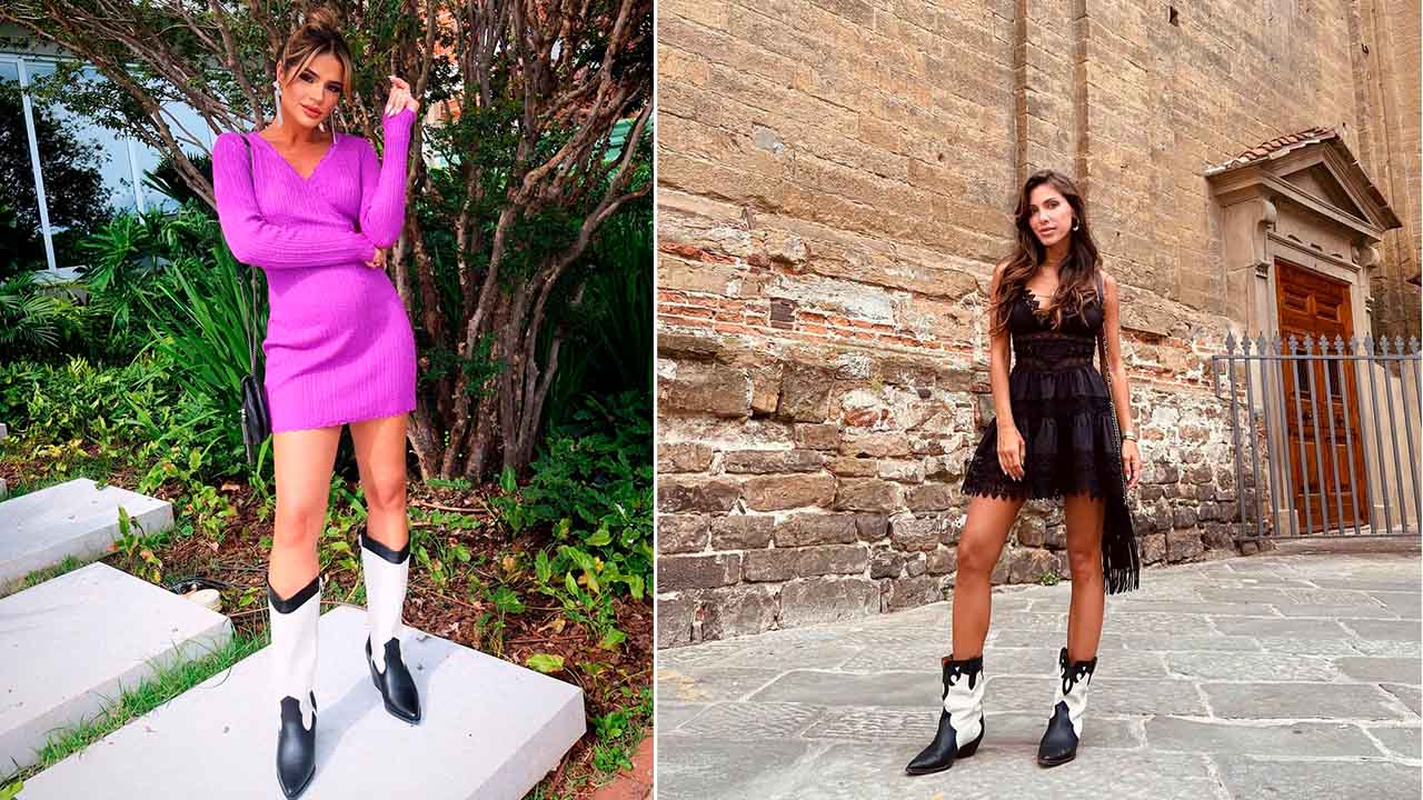 Imagem com duas fotos de mulheres usando vestidos combinados com botas western.