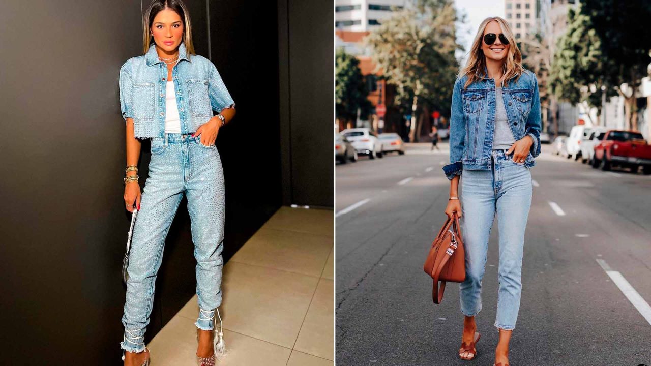 Mulheres usando calça jeans e jaqueta jeans.