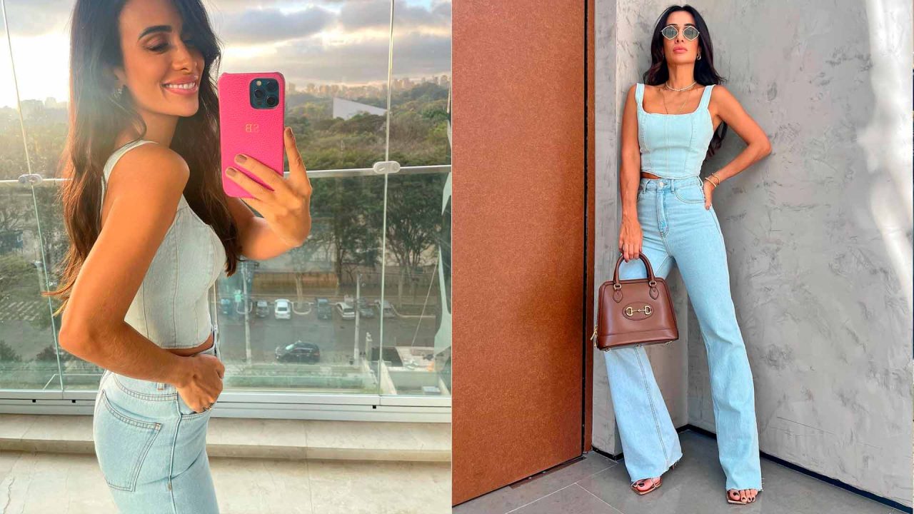 Montagem com duas fotos de mulher usando cropped jeans e calça jeans.