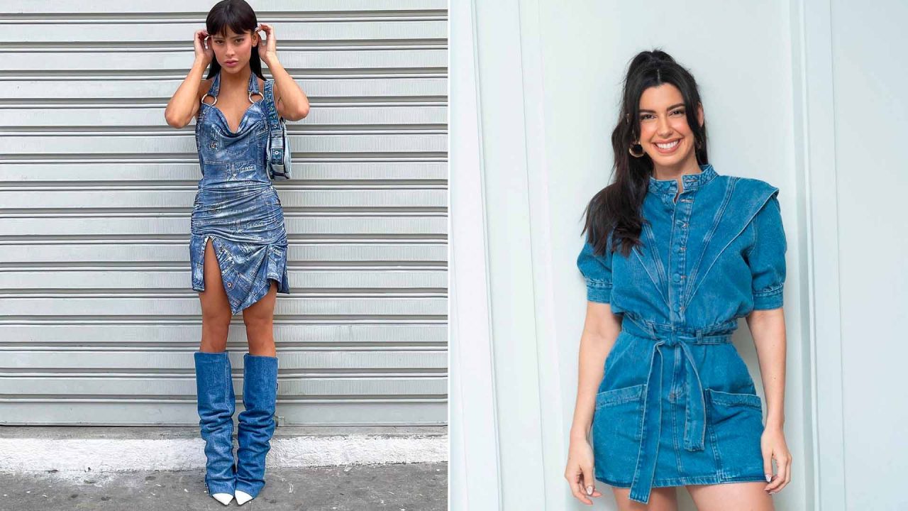 Montagem com duas mulheres usando vestidos jeans.