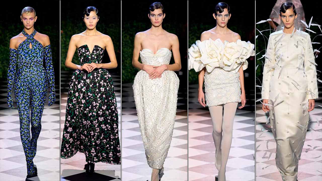 Montagem com 5 fotos de looks de Richard Quinn um dos destaques da London fashion Week 2023.