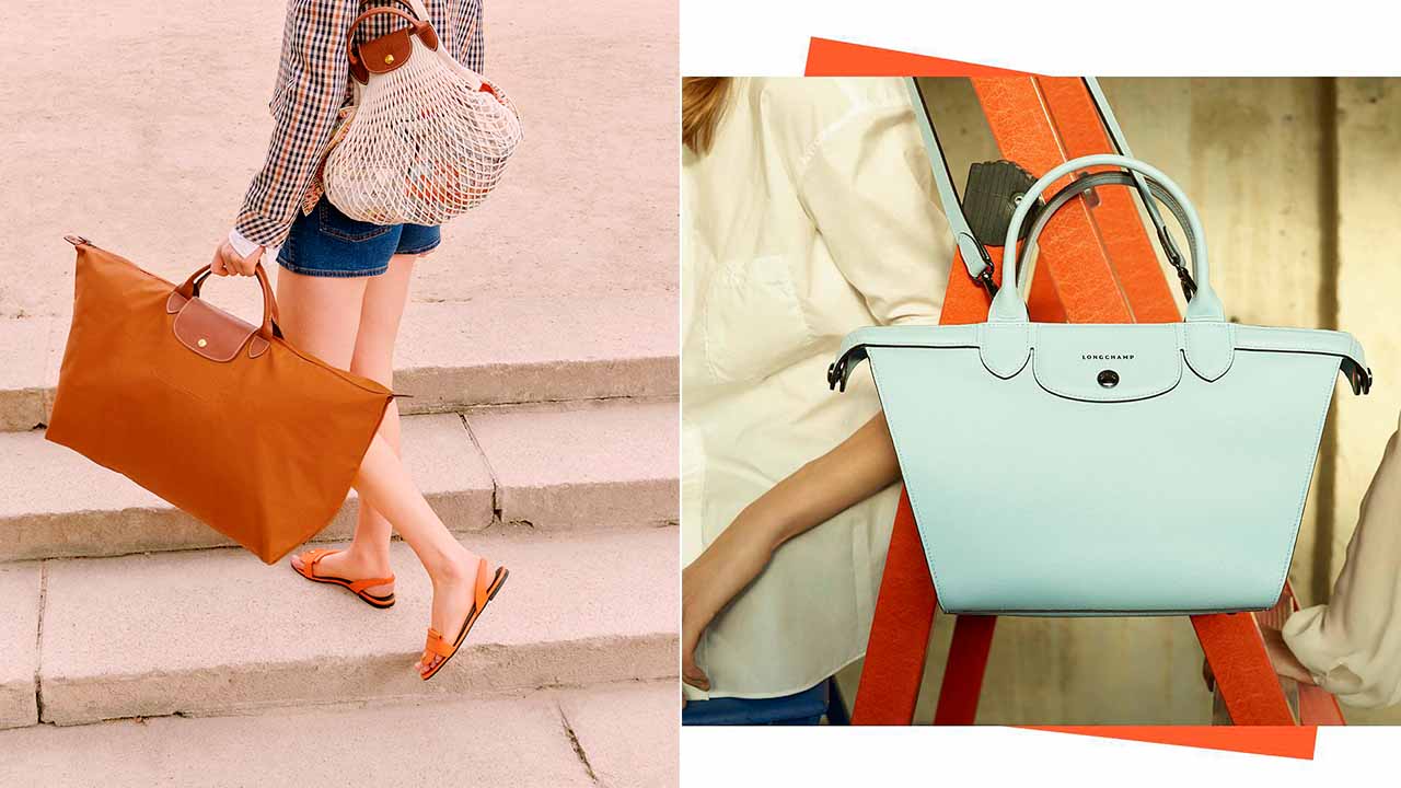Montagem com duas imagens de bolsas Le Pliage da Longchamp.