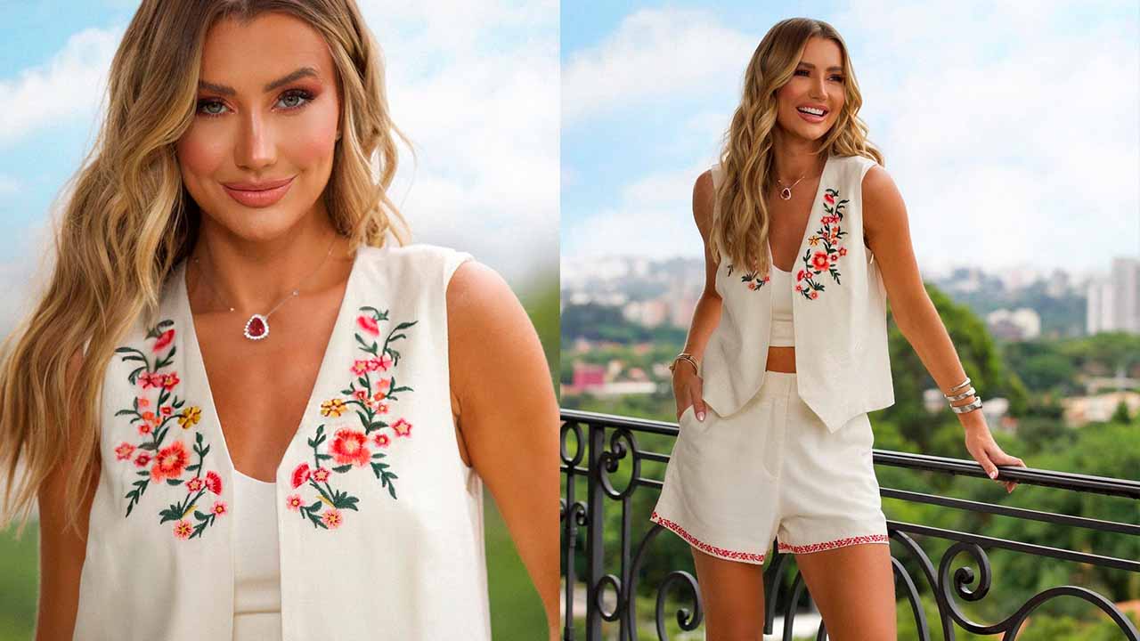 Montagem com duas fotos de mulher usando a tendência de verão de 2023, colete com shorts.