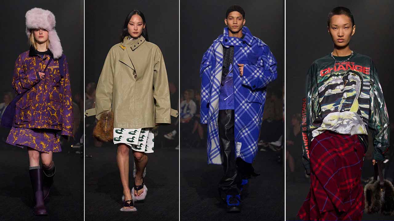 Montagem com quatro fotos do desfile de estreia de Daniel Lee na Burberry,
