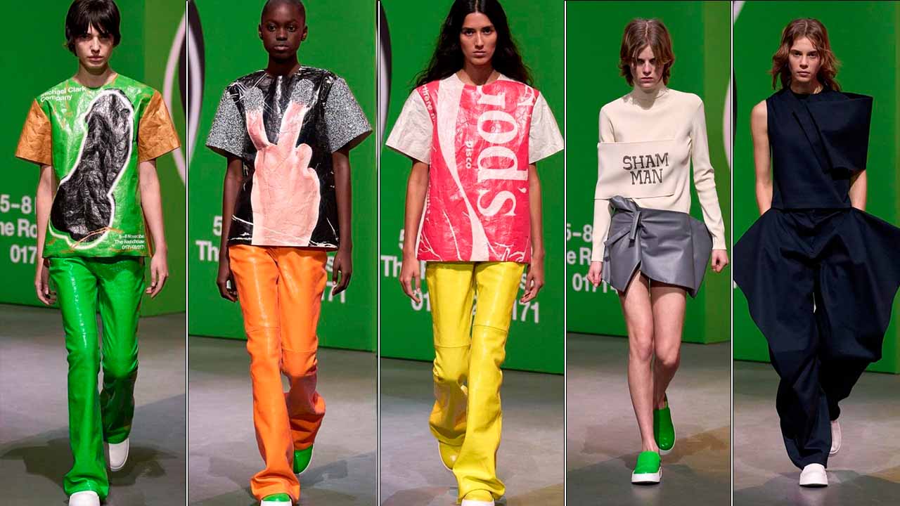 Montagem com 5 fotos de looks de JW Anderson na London Fashion Week.
