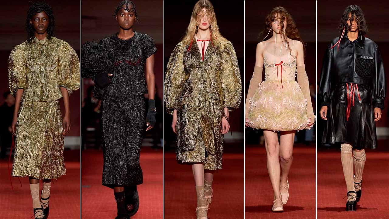 Montagem com cinco fotos de looks de Simone Roche na London Fashion Week.
