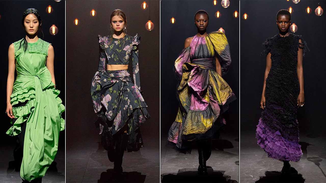 Montagem com 4 fotos de looks da Erdem um dos destaques da London fashion Week 2023.