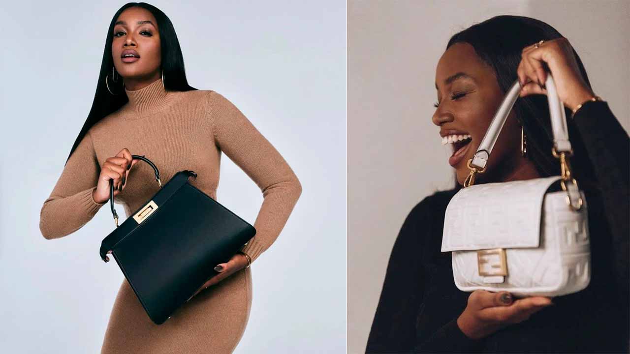 Montagem com duas fotos da cantora Iza embaixadora da fendi no brasil segurando bolsas da grife.