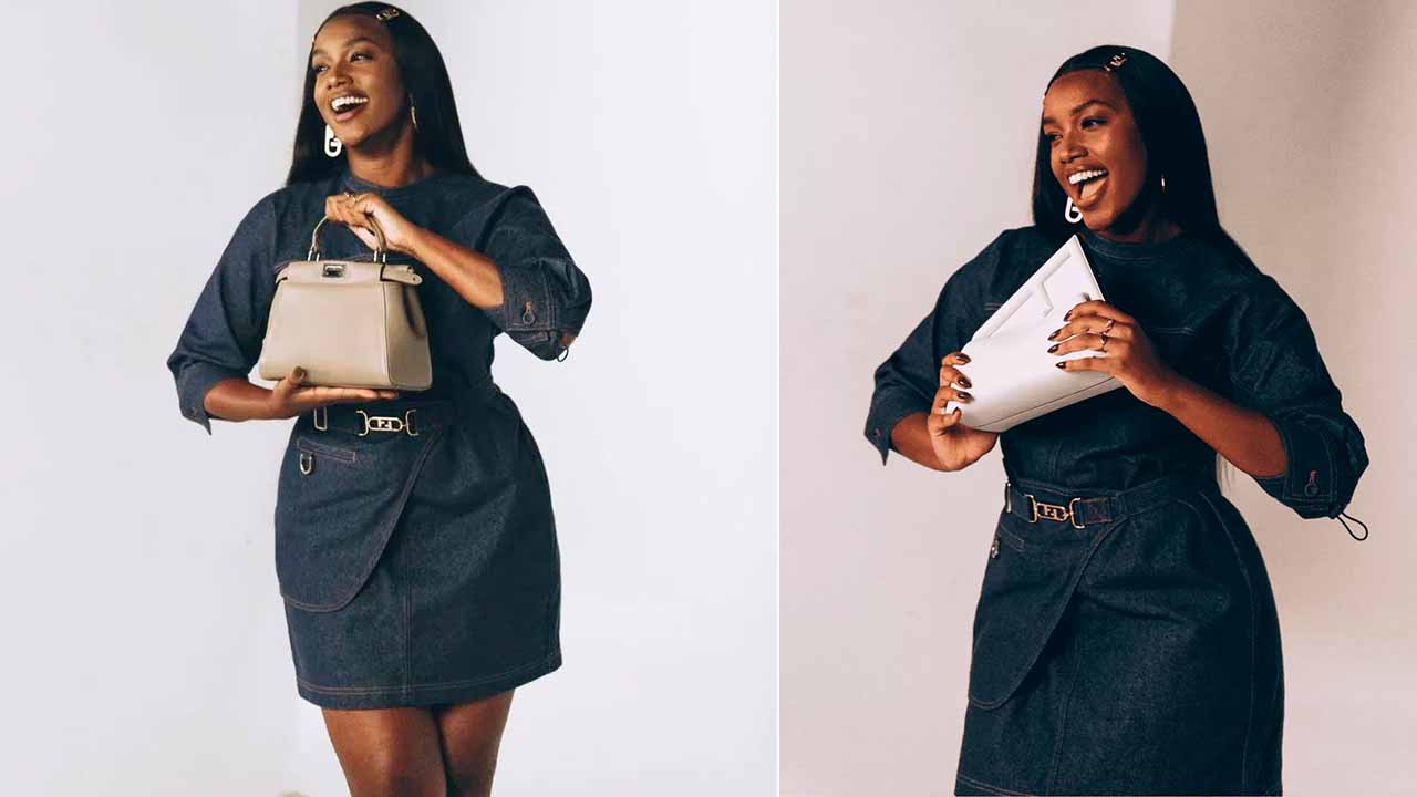 Montagem com duas fotos da cantora Iza a nova embaixadora da fendi no brasil usando bolsas da marca.