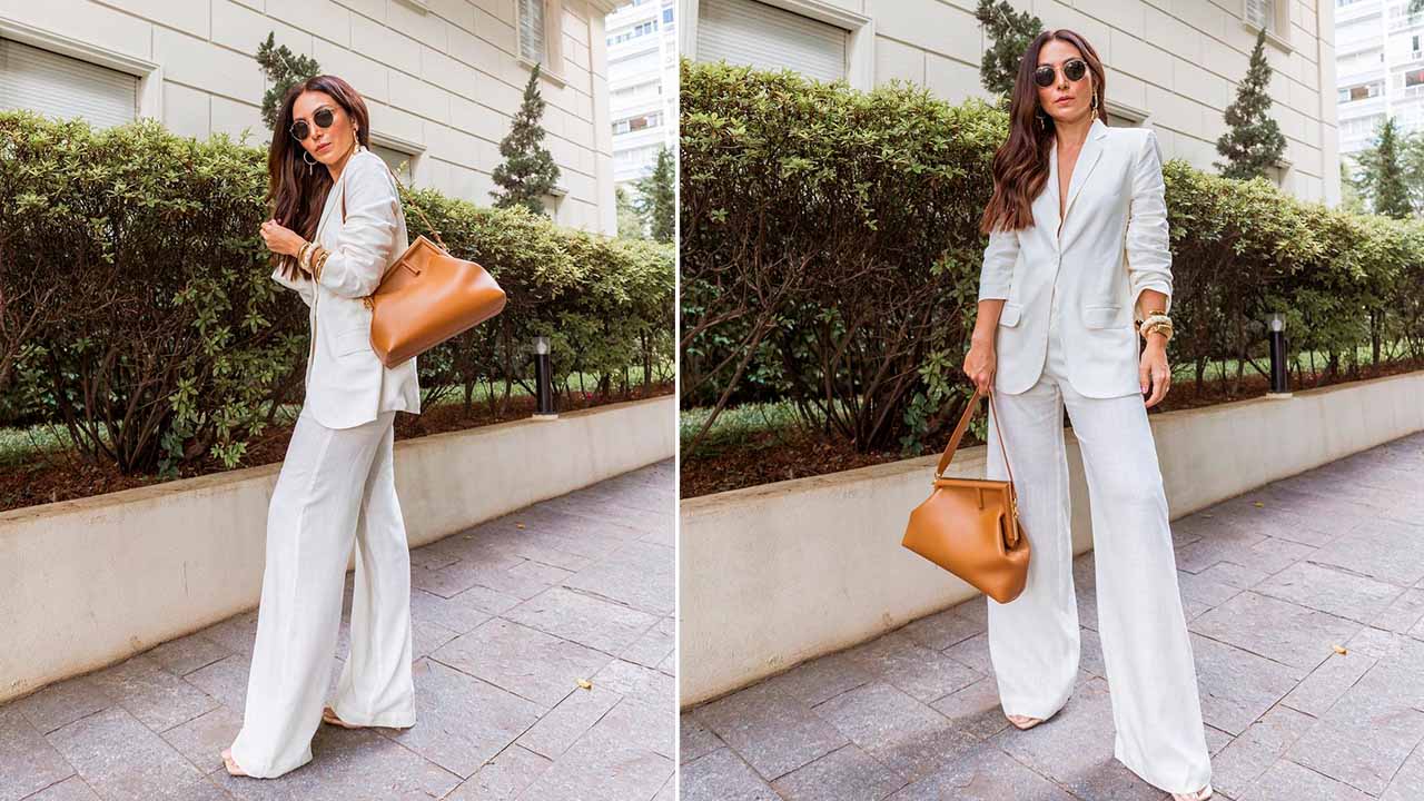 Montagem com duas fotos de mulher usando a Bolsa Fendi First com terno de alfaiataria.