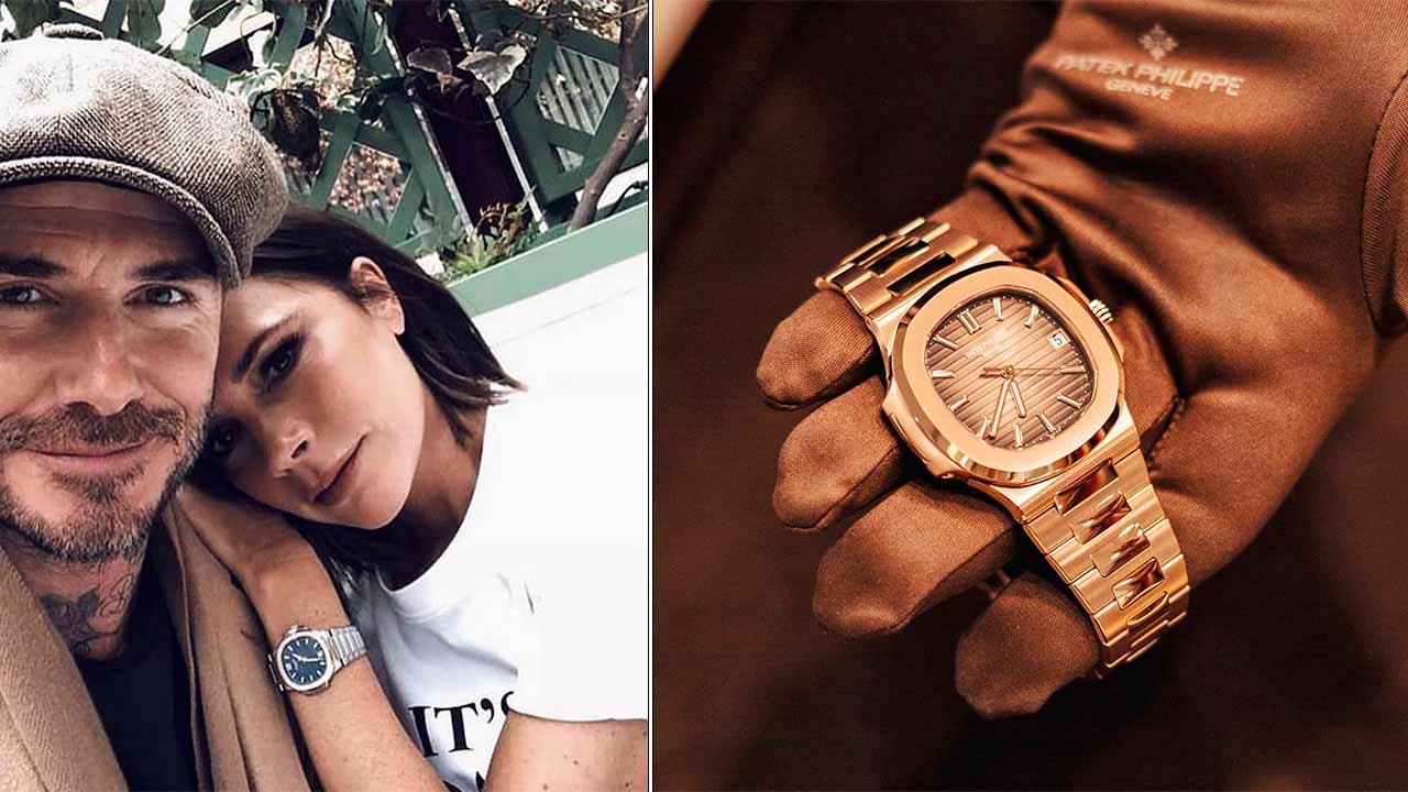 Montagem duas fotos do relógio feminino de luxo Nautilus Patek Philippe.