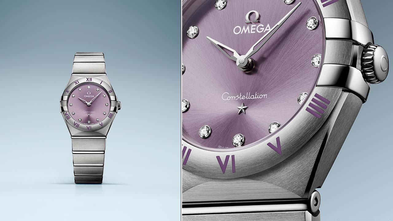 Montagem com fotos do modelo de relógio feminino Constellation Omega.