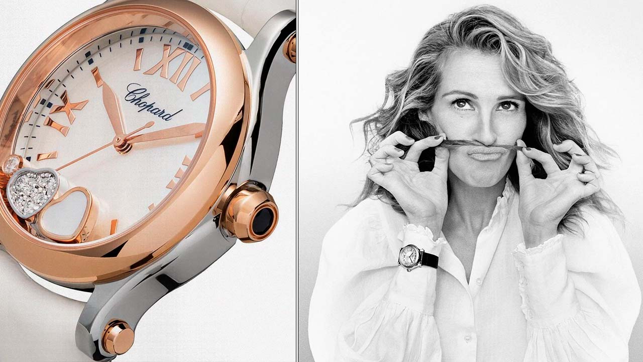 Montagem com duas fotos do relógio feminino Happy Hurts da grife de luxo Chopard.
