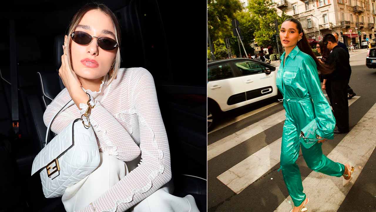 Montagem com duas fotos de Sasha embaixadora da fendi no brasil usando looks da grife.