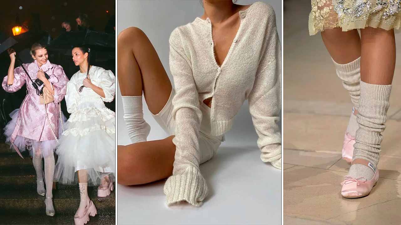 Montagem com três imagens de looks com a tendência balletcore.