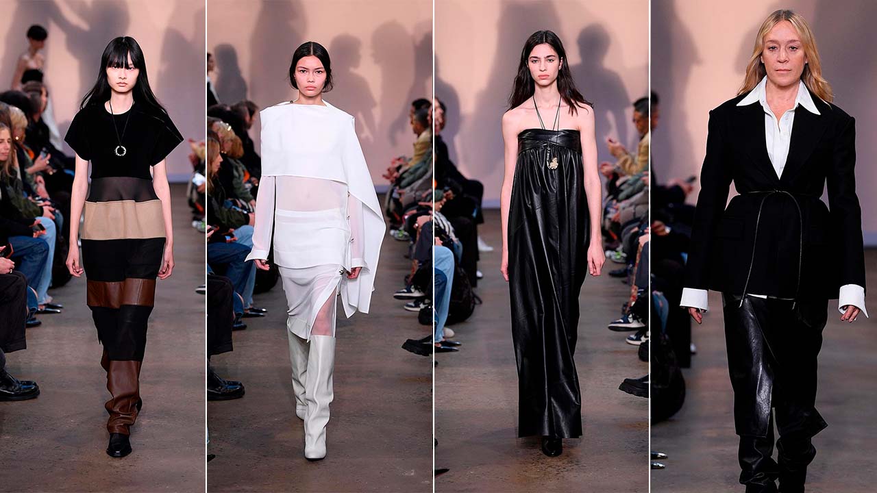 Montagem com fotos de quatro looks da Proenza Schouler na semana de moda de Nova York.