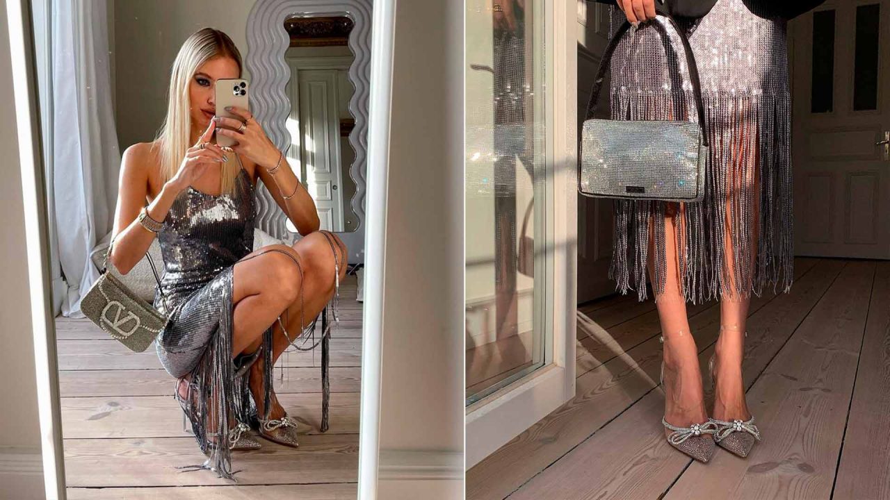 Fotos de mulher usando vestido de festa com franjas.