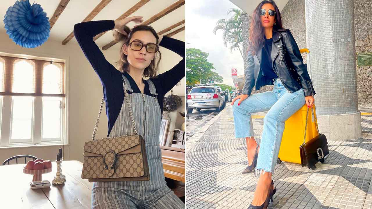 Montagem com duas fotos de mulheres usando bolsa gucci dionysus.