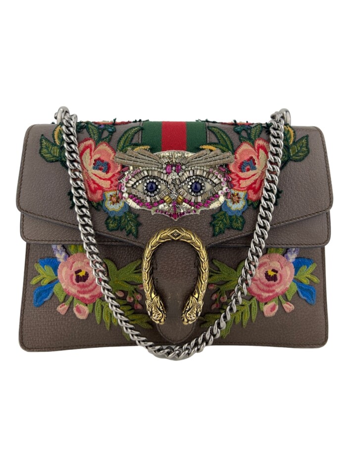 Bolsa Dionysus marrom com bordados.