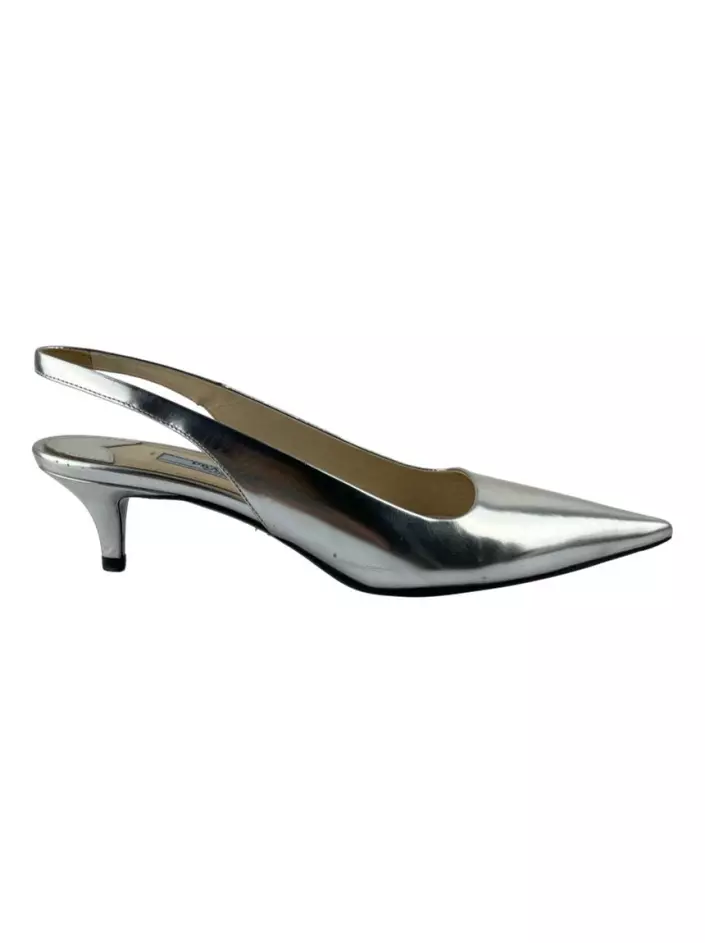 apato de Salto Baixo Prada Slingback Prateado.