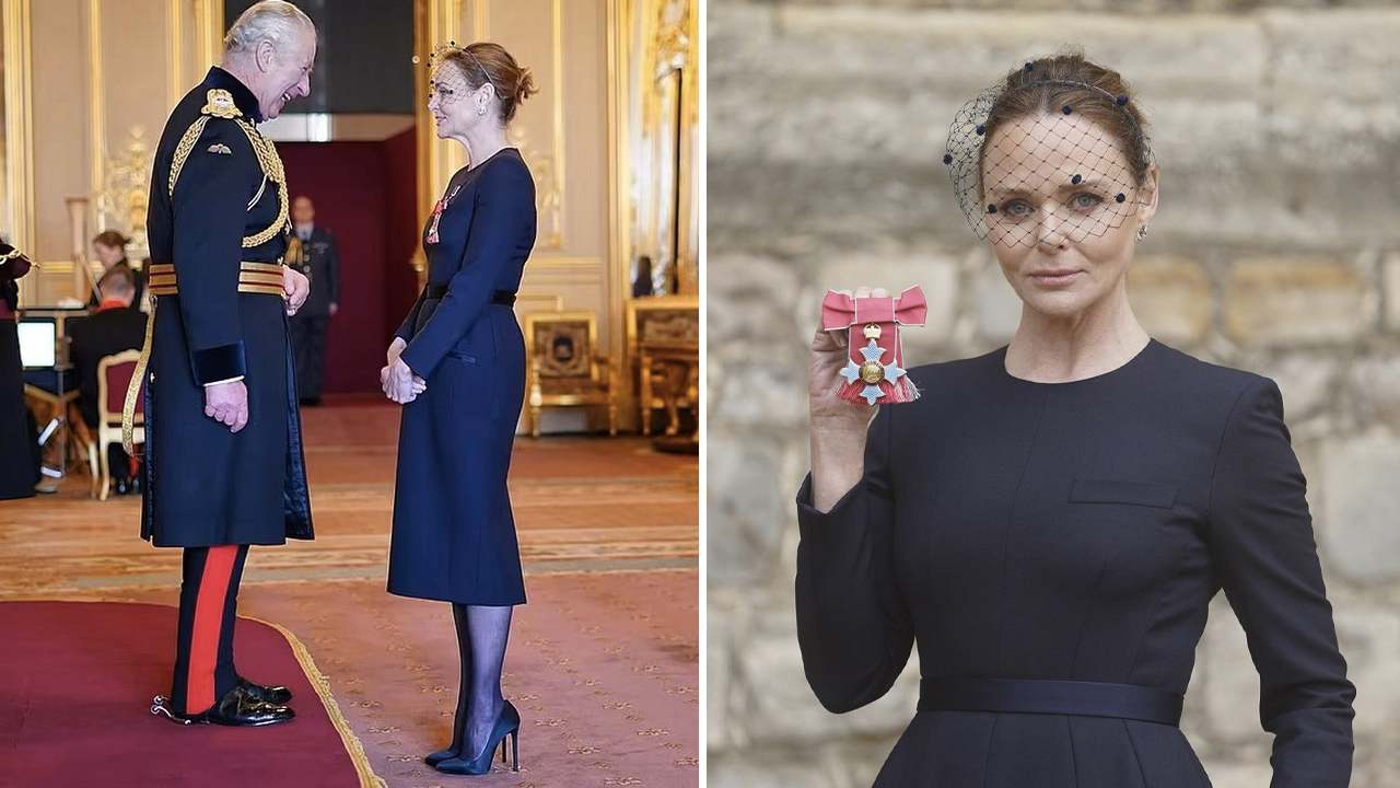 Stella McCartney recebendo seu CBE do Rei Charles III. Clique na imagem e confira criações da designer! (Foto: Reprodução/Instagram @stella-mccartney)