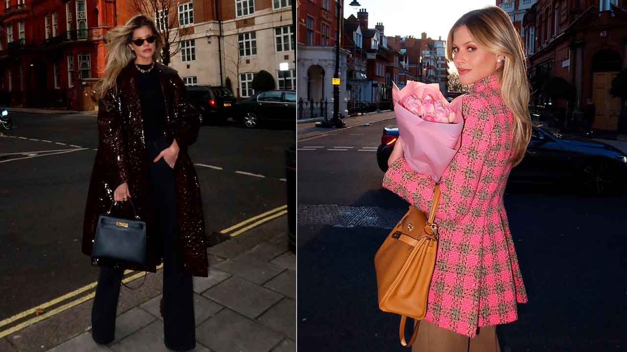 Montagem com duas fotos de mulher usando Bolsa Hermès.