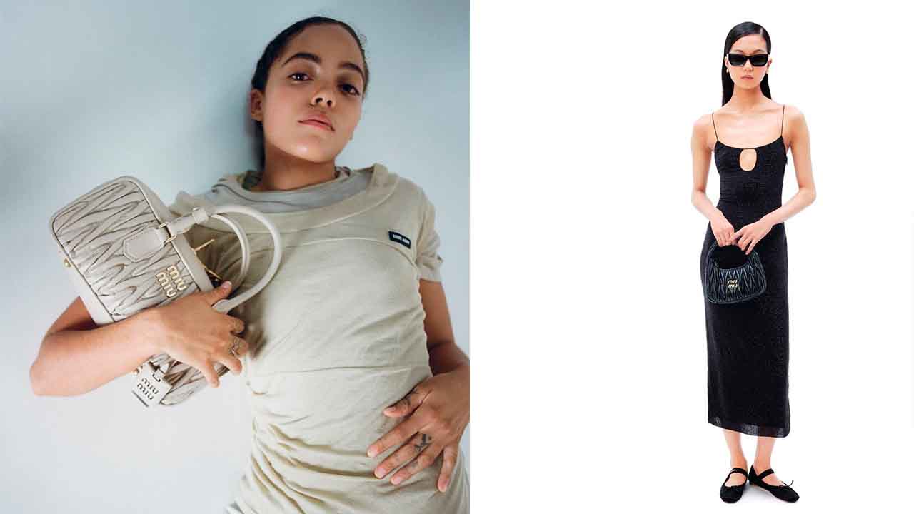 Montagem com duas fotos de mulheres usando bolsas miu miu matelassê.