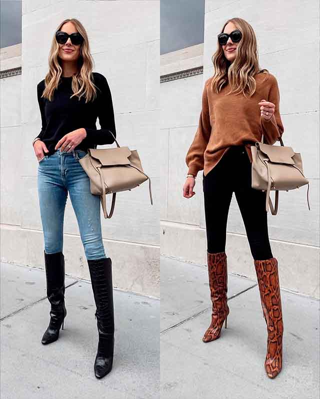 Montagem com duas imagens de mulher usando botas de cano alto com calça skinny.
