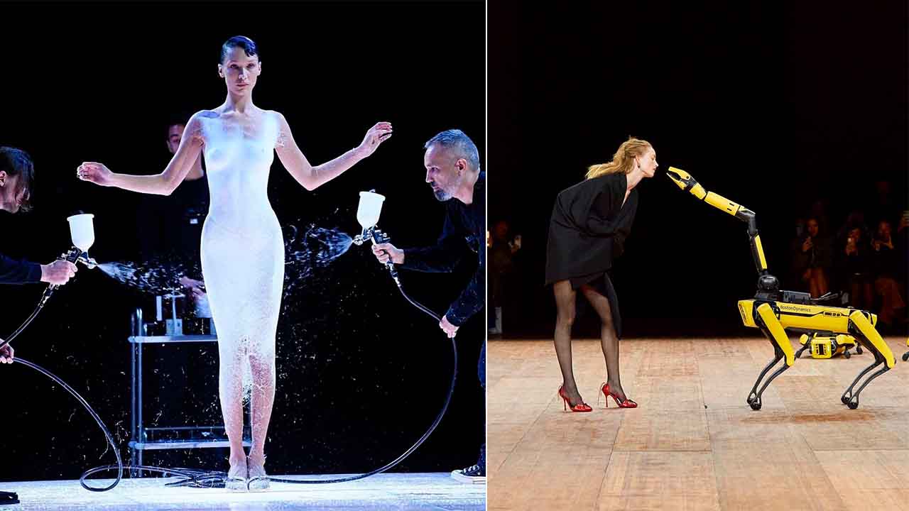Montagem com duas fotos de desfiles da marca Coperni.