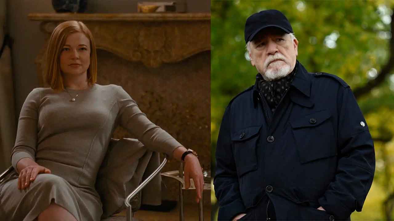 Montagem com duas fotos de cenas da série Succession da HBO.
