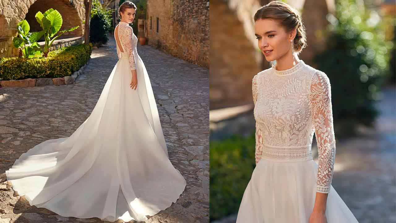 Montagem com duas fotos de mulher usando vestido de noiva rosa clará.