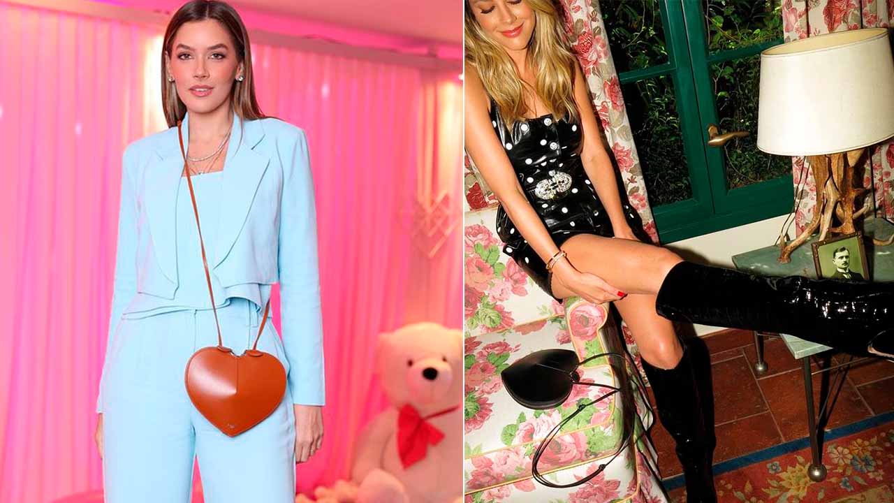Montagem com duas fotos de mulheres usando bolsas de luxo.