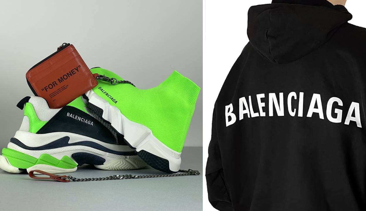 Foto de sneaker de luxo e moletom da marca Balenciaga.