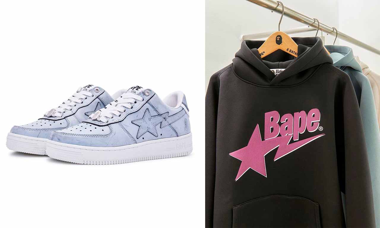 Fotos de produtos Bape uma marca de moda streetwear que os jovens amam.