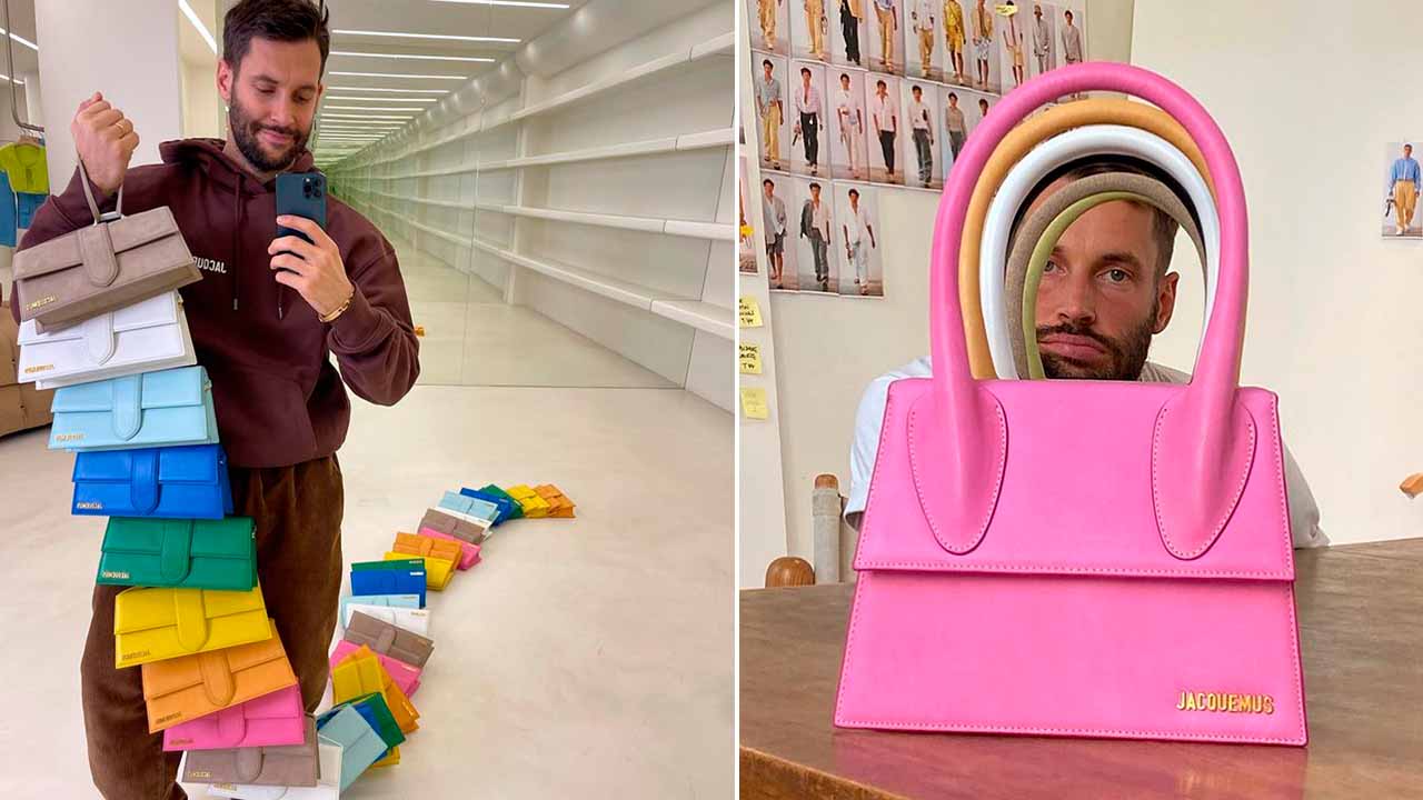 Montagem com duas fotos de Jacquemus segurando suas bolsas Le Chiquito e Le Bambino.